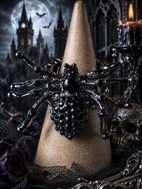 Gothic Black Rhinestone Gunmetal Stretch Spider Ring NEW Bug Insect Halloween